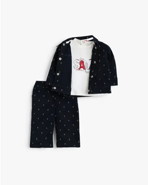Nautical Anchor Print Three-Piece Jacket, Tee, and Trousers Set