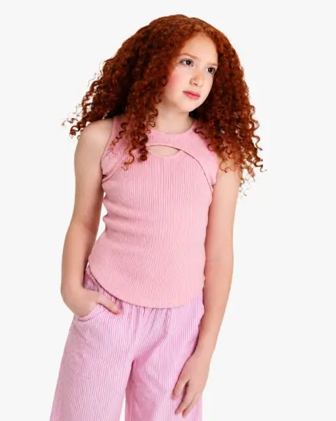 Girls Pink Ribbed Sleeveless Top & Striped Wide-Leg Pants Set 1