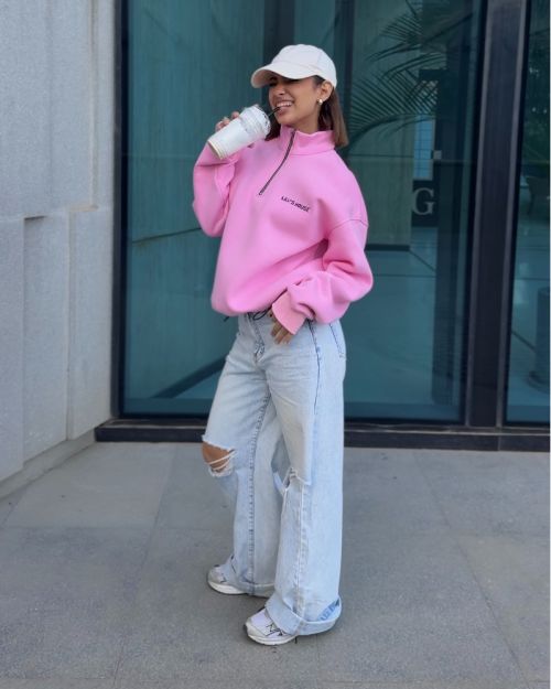 Oversized Pink Quarter-Zip Pullover Sweatshirt