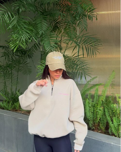 Oversized Beige Quarter-Zip Pullover Sweatshirt