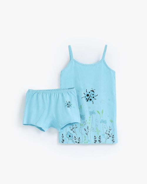 Girls light blue printed vest and shorts underwear set with nature bug and floral design 6 yrs Front | Locafy