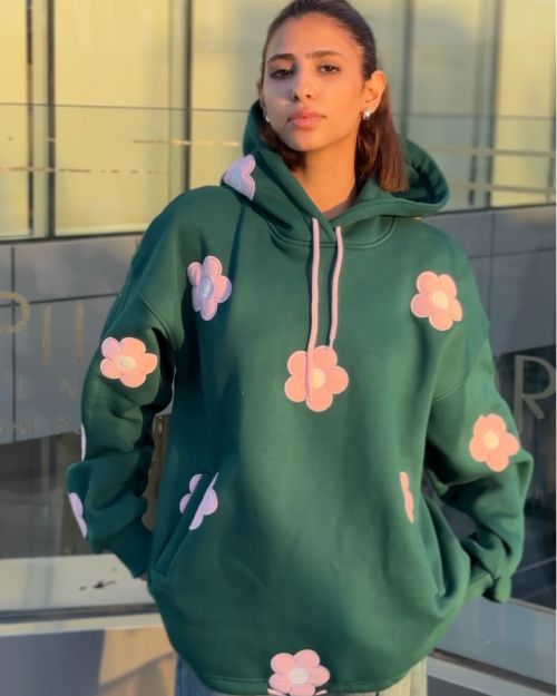 Oversized Dark Green Hoodie with Pink Flower Patches