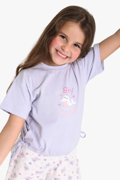 Girls Cinch-Hem Graphic Tee and Printed Trousers Set