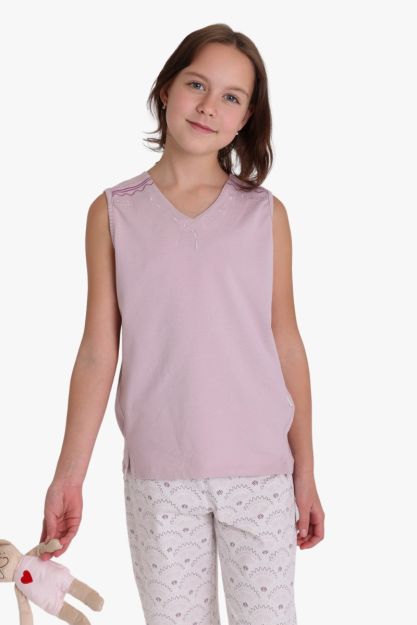 Girls V-Neck Sleeveless Top and Eyelet Pattern Trousers Set
