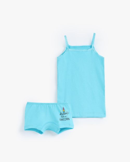 Girls aqua blue lycra camisole and boyshort underwear set with unicorn print 4 yrs Front | Locafy
