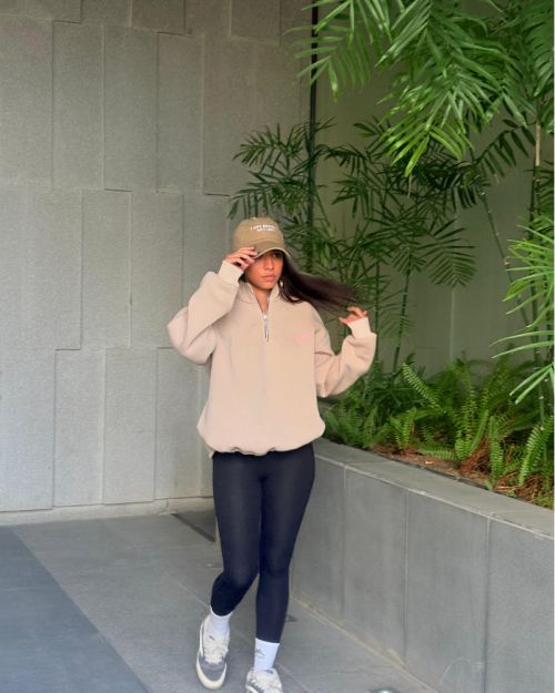 Oversized Beige Quarter-Zip Pullover Sweatshirt