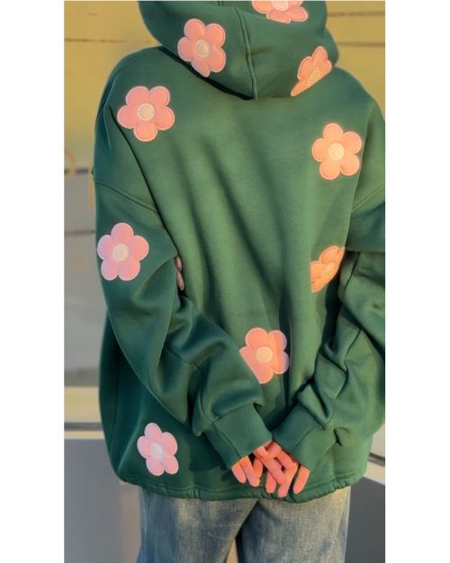 Oversized Dark Green Hoodie with Pink Flower Patches