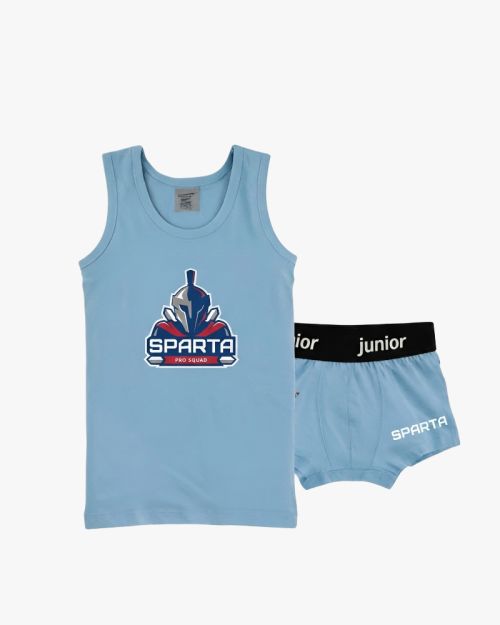 Boys light blue cotton tank top and boxer set with Tennis Club graphic print 6 yrs Front | Locafy