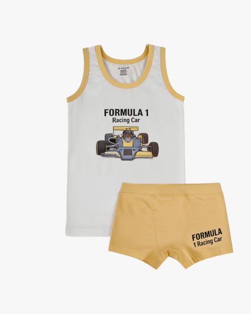 Boys soft cotton vest and boxer shorts set with colorful archery graphic print 4 yrs Front | Locafy