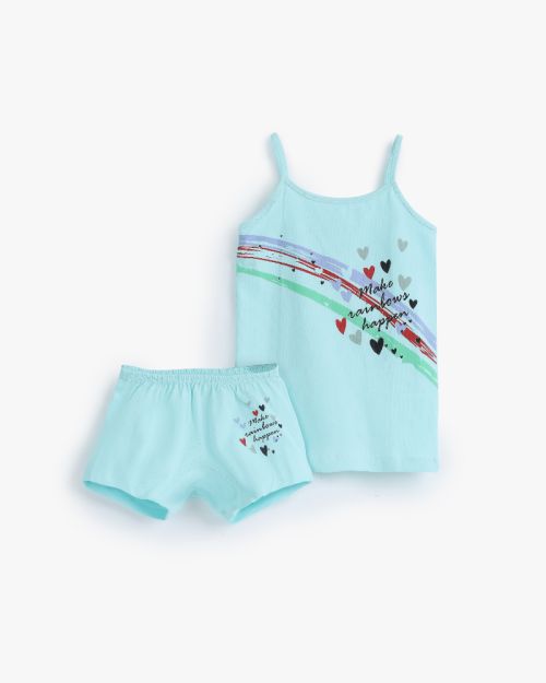 Girls mint cotton cami and shorts underwear set with rainbow and heart print 6 yrs Front | Locafy