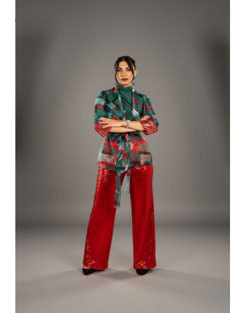 Printed Floral Blazer & Red Flared Pants Set