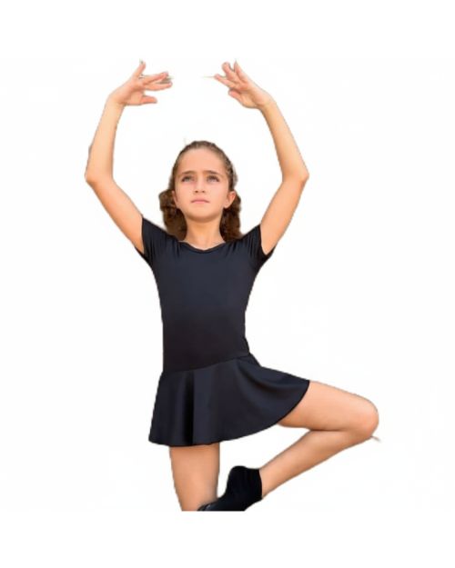 "ليوتارد (ملابس رقص) بناتي أسود بأكمام قصيرة مع تنورة متصلة – لإطلالة رقيقة واحترافية."