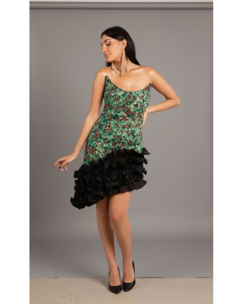 Green Sequin Mini Dress with Black Feather Hem