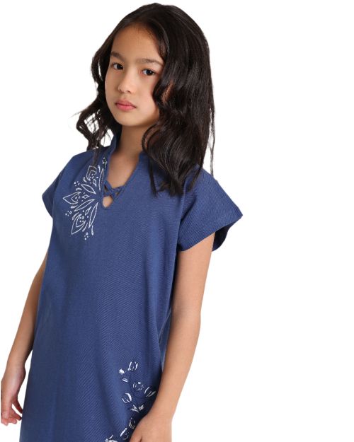 Girls Floral Embroidered Mandarin Collar Midi Dress