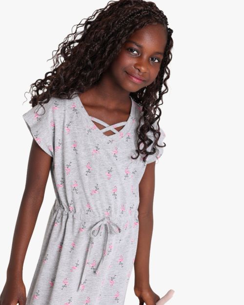 Girls Flamingo Print Capped Sleeve Midi Dress