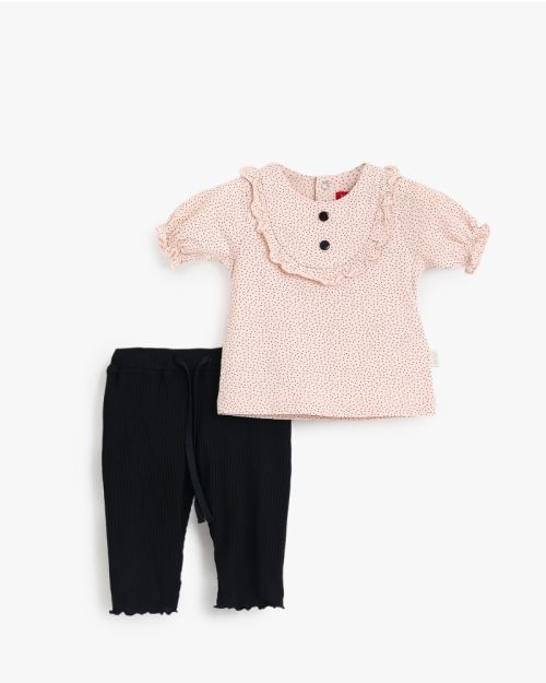 Polka Dot Ruffle Collar Blouse and Ribbed Leggings Set
