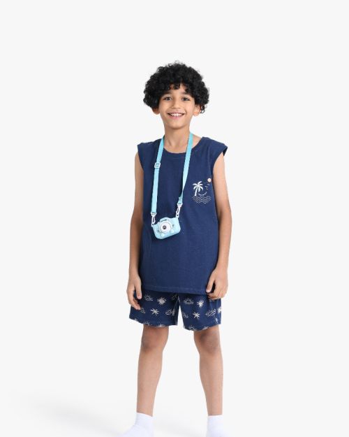 Boys Sleeveless T-Shirt With Printed Shorts Set