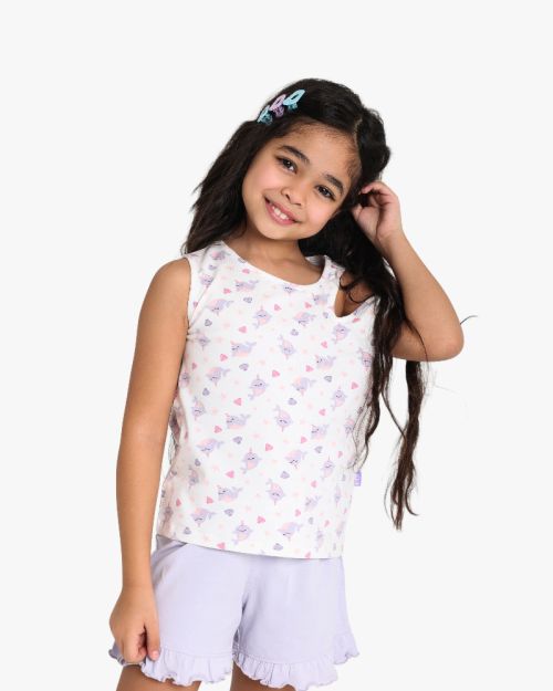 Girls Sea-Themed Sleeveless Top and Ruffled Shorts Set