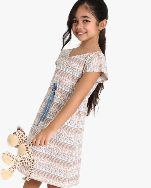 Girls Patterned V-Neck Summer Dress with Waist Tie