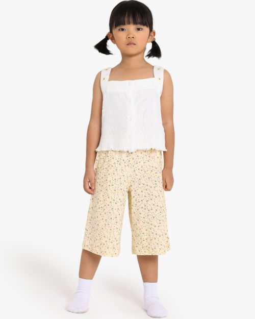 Girls Ribbed Button-Front Tank and Floral Culottes Set