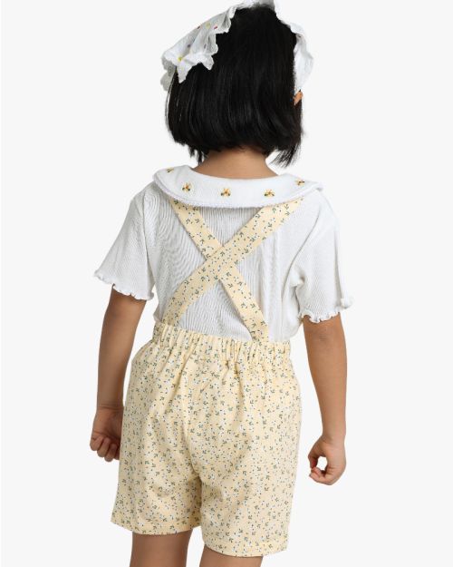 Girls Peter Pan Collar Ribbed Top and Floral Pinafore Shorts Set