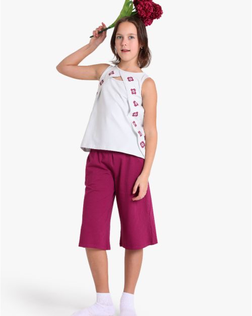 Girls Eyelet Detail Sleeveless Top and Floral Trousers Set