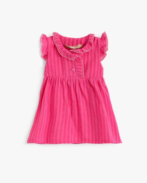 Junior Girls Pink Striped Ruffle Collar Dress 1