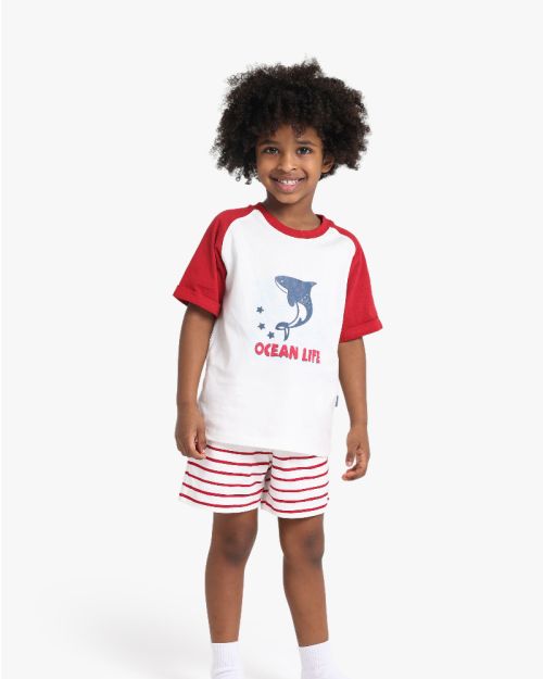 Boys Ocean Print T-Shirt With Striped Shorts Set