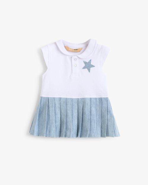 Baby Girls Polo Dress with Denim Pleated Skirt and Star Patch 1