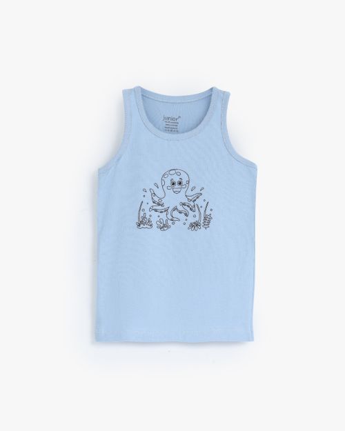 Baby boys light blue cotton sleeveless vest with octopus graphic print 3-6 mth Front | Locafy