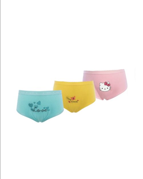 Girls cotton boyshort briefs 3-pack in mint, yellow, and pink with character prints 4 yrs Front | Locafy