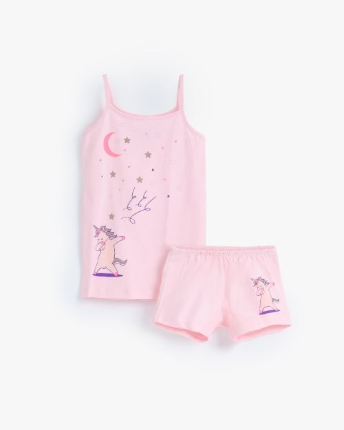 Girls pink unicorn print cotton cami and shorts underwear set 6 yrs Front | Locafy