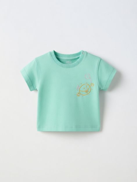 Baby boys mint green cotton t-shirt with sunny graphic print on back and chest 3-6 mth Front | Locafy