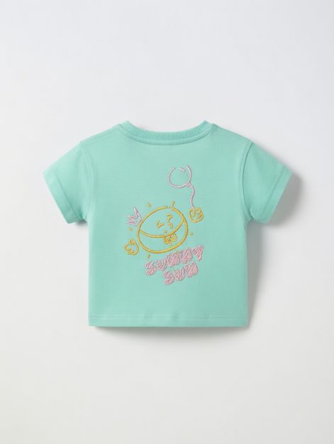 Baby boys mint green cotton t-shirt with sunny graphic print on back and chest 3-6 mth Front | Locafy
