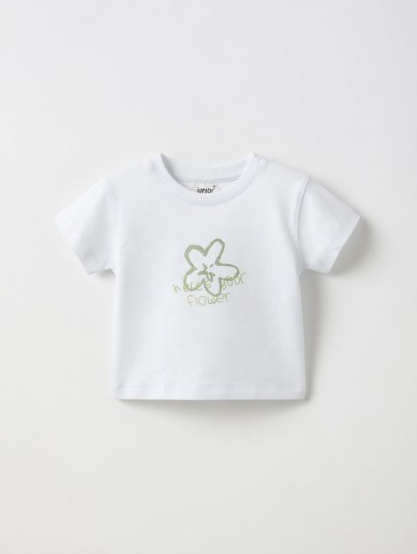 Baby girl white cotton t-shirt with green flower graphic print 3-6 mth Front | Locafy