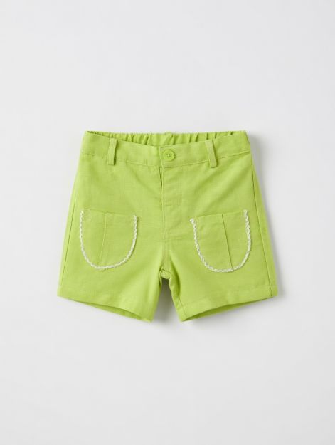 Baby girl lime green cotton shorts with scallop-trim patch pockets and elastic waistband 3-6 mth Front | Locafy