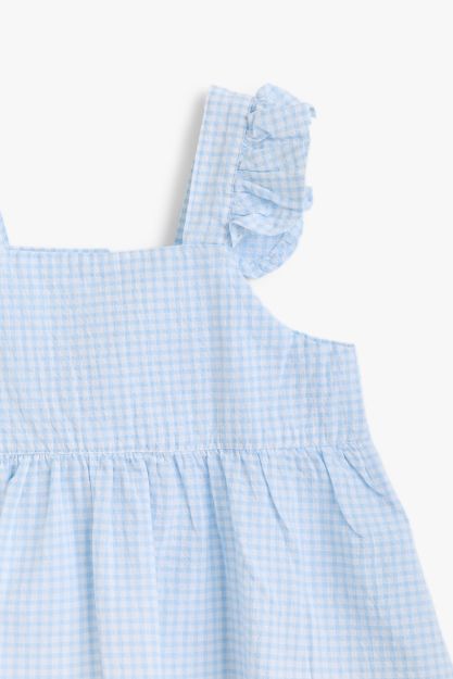 Baby girl light blue gingham seersucker top with ruffle straps and back bow detail 3-6 mth Front | Locafy