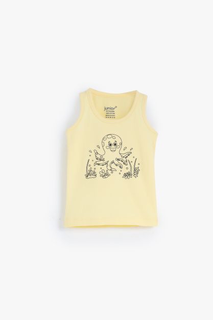 Baby girls soft yellow cotton sleeveless vest with playful octopus graphic print 0-3 mth Front | Locafy