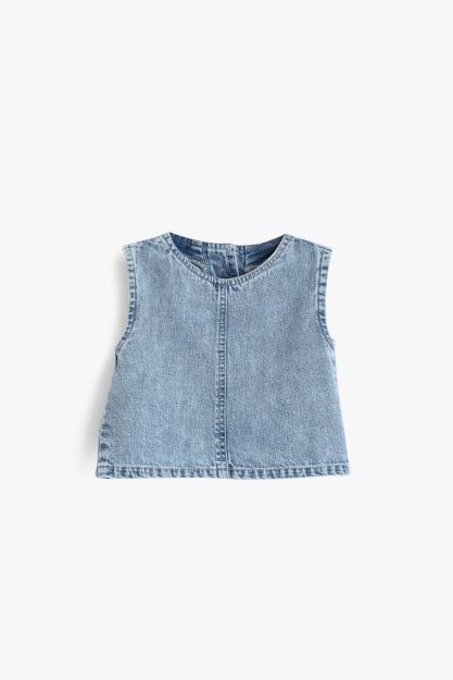 Baby girls washed denim co-ord set with sleeveless crop top and relaxed-fit shorts 3-6 mth Front | Locafy