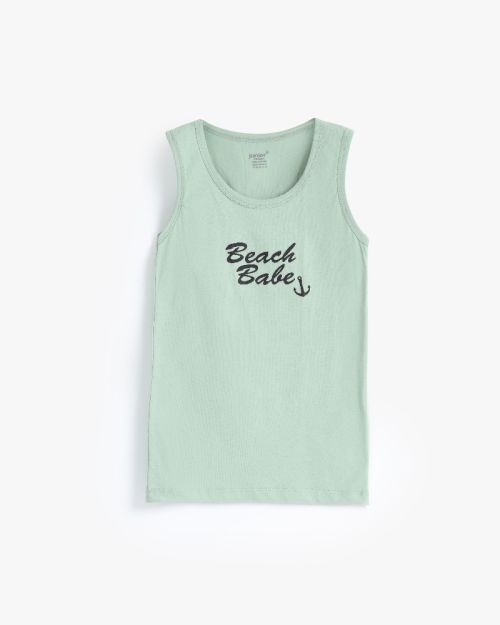Boys mint green ribbed cotton tank top with Beach Babe anchor graphic print 6 yrs Front | Locafy