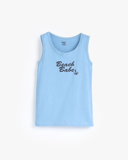 Boys light blue cotton sleeveless vest top with Beach Babe anchor graphic print 4 yrs Front | Locafy