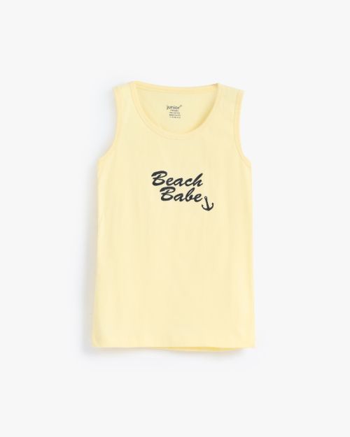 Boys light yellow cotton sleeveless vest with Beach Babe anchor graphic print 4 yrs Front | Locafy