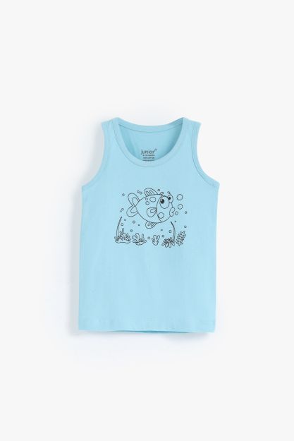Boys light blue cotton sleeveless vest with cartoon ocean fish graphic print 3-6 mth Front | Locafy