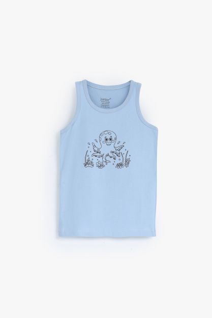 Baby boys light blue cotton sleeveless vest with octopus graphic print 3-6 mth Front | Locafy