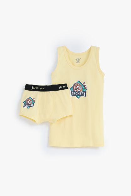 Boys soft cotton vest and boxer shorts set with colorful archery graphic print 4 yrs Front | Locafy