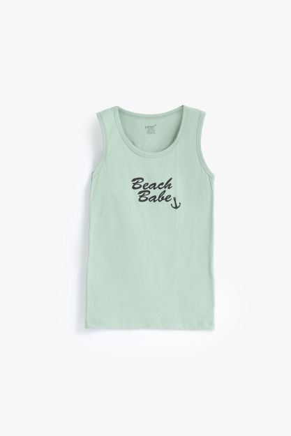 Boys mint green ribbed cotton tank top with Beach Babe anchor graphic print 6 yrs Front | Locafy