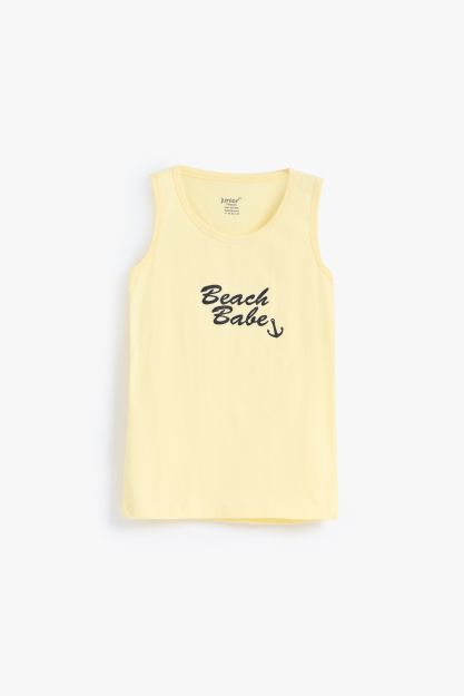 Boys light yellow cotton sleeveless vest with Beach Babe anchor graphic print 4 yrs Front | Locafy