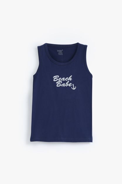Boys navy blue graphic print cotton sleeveless vest with Beach Babe anchor text 6 yrs Front | Locafy