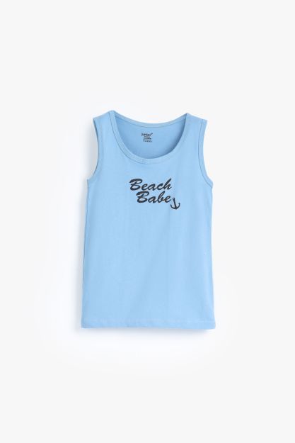 Boys light blue cotton sleeveless vest top with Beach Babe anchor graphic print 4 yrs Front | Locafy