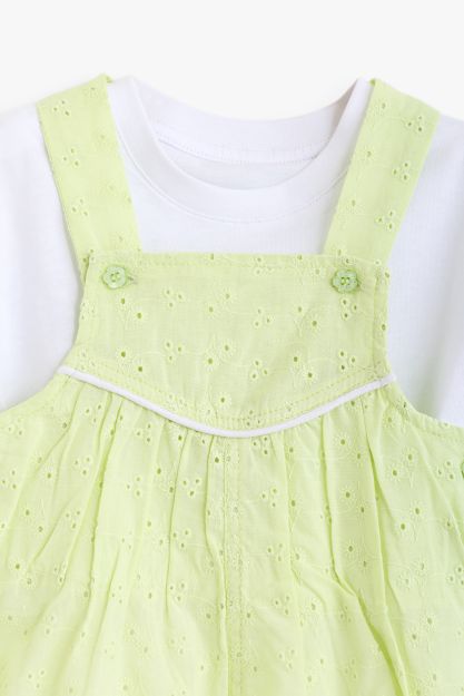 Baby girl broderie anglaise lime green dungaree set with white flutter-sleeve tee 0-3 mth Front | Locafy